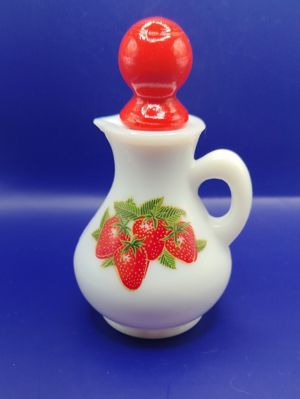 Vintage Avon "Strawberries and Cream" Milk Glass Miniature Pitcher & Stopper 70s